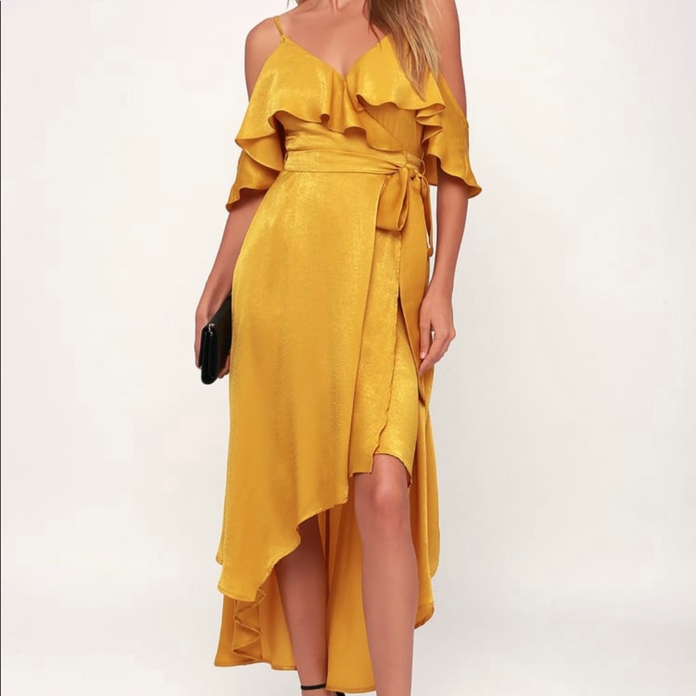 Lulus Layla Mustard Yellow Satin Off-the-Shoulder Wrap Dress (Large)